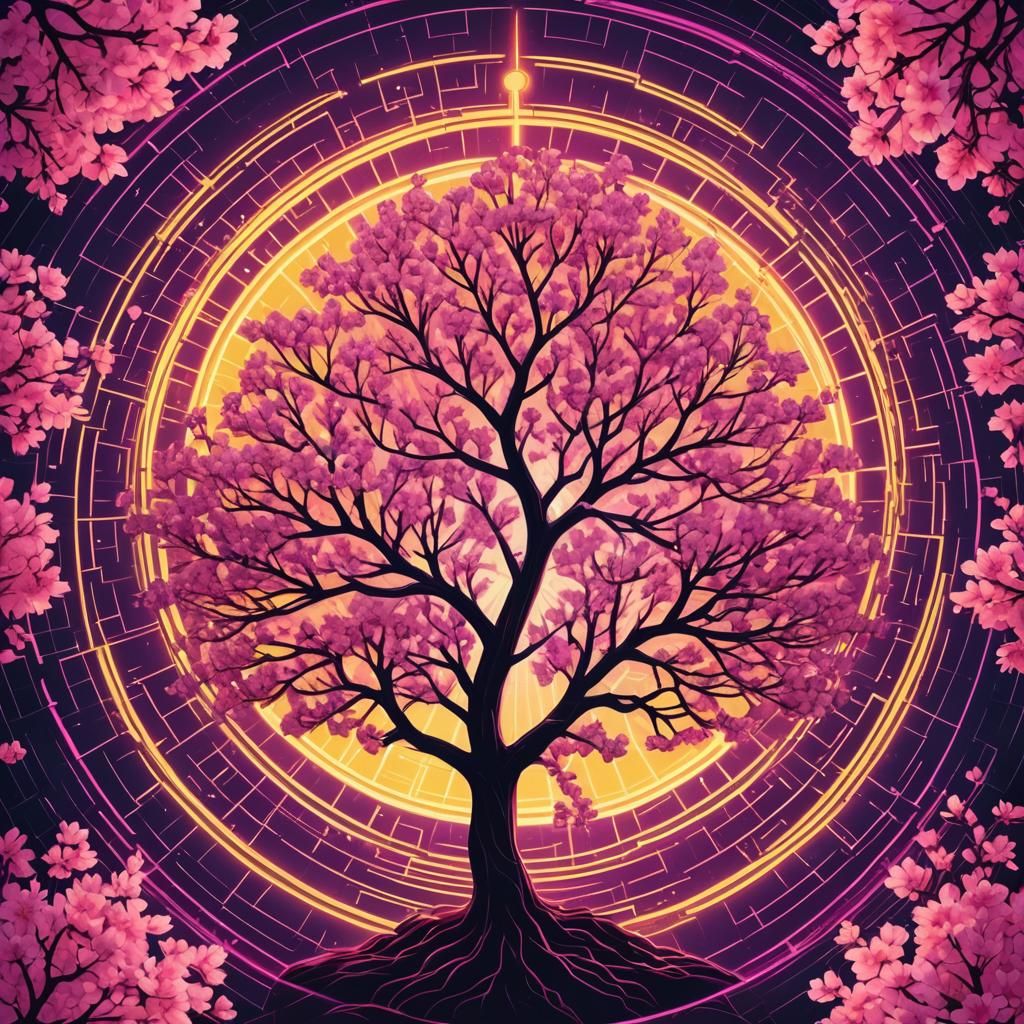 Fibonacci Tree in Synthwave Neon Sunlight