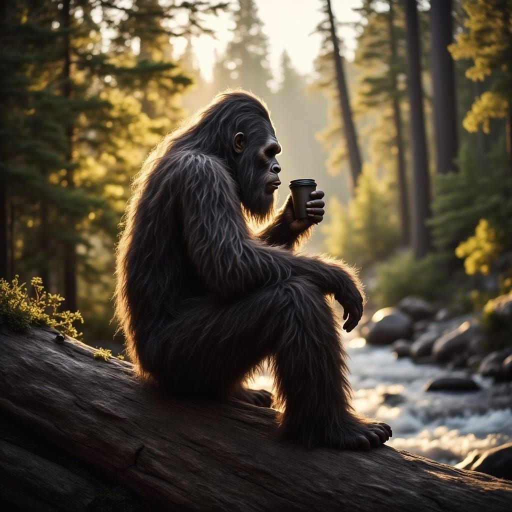 Sasquatch Enjoying Morning Coffee in Pacific Northwest
