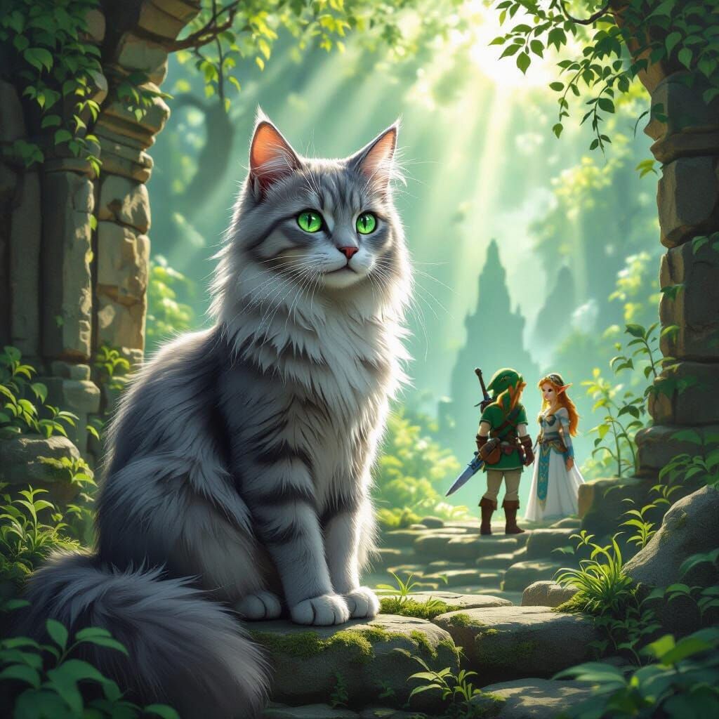 Hyperrealistic Cat with Link and Zelda in Fantasy Ruins