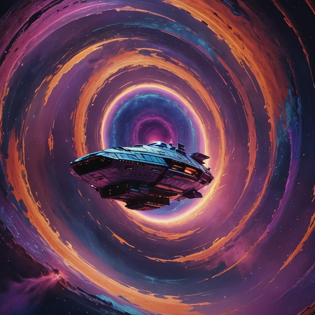 Spaceship Glides Through Wormhole with Molten Lava Colors