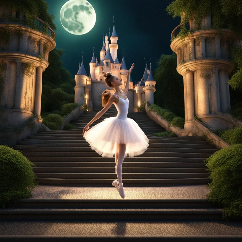 Ballerina Ascending Castle Staircase in Moonlit 3D Render