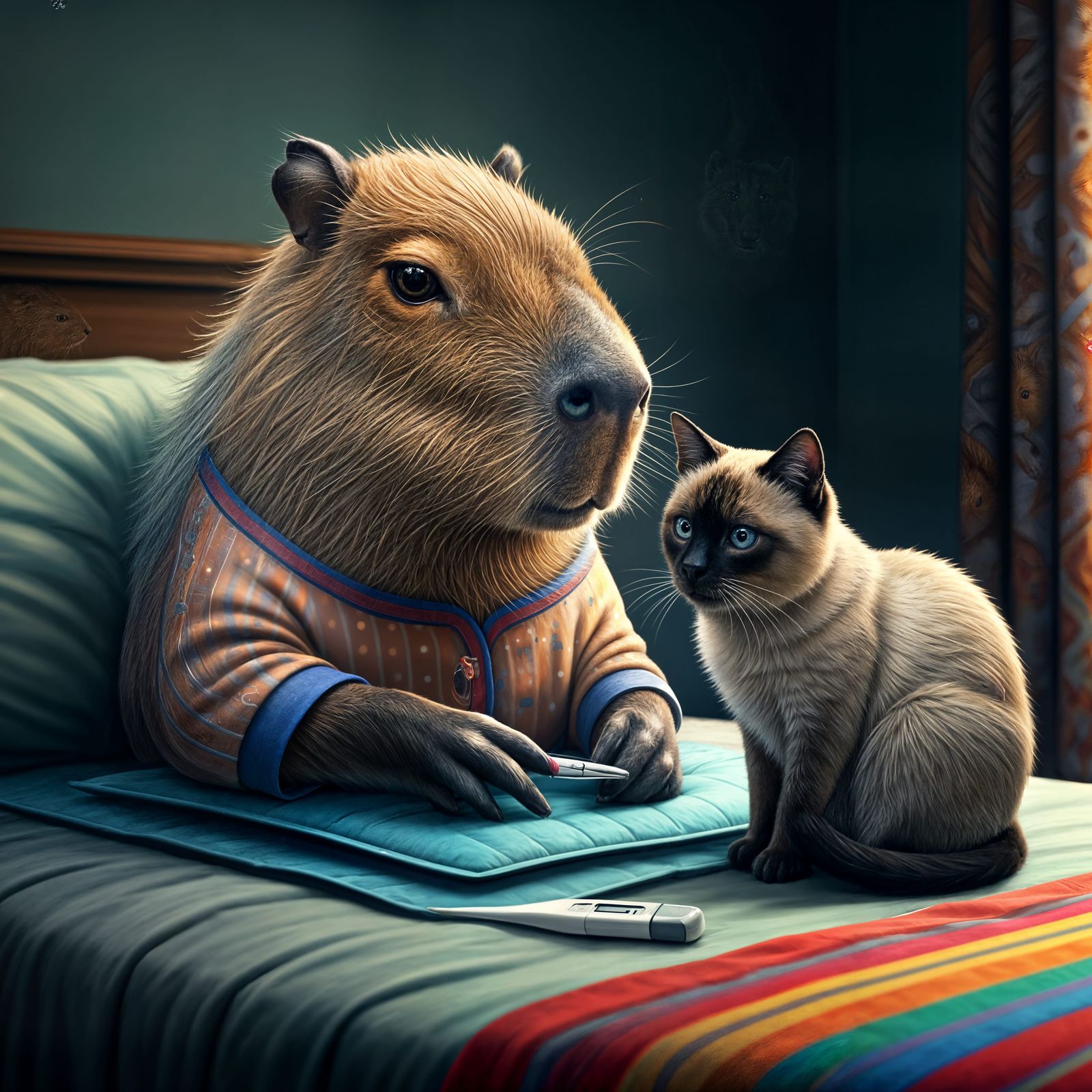 Sick Capybara and Siamese Cat: Hyperrealistic Splash Art