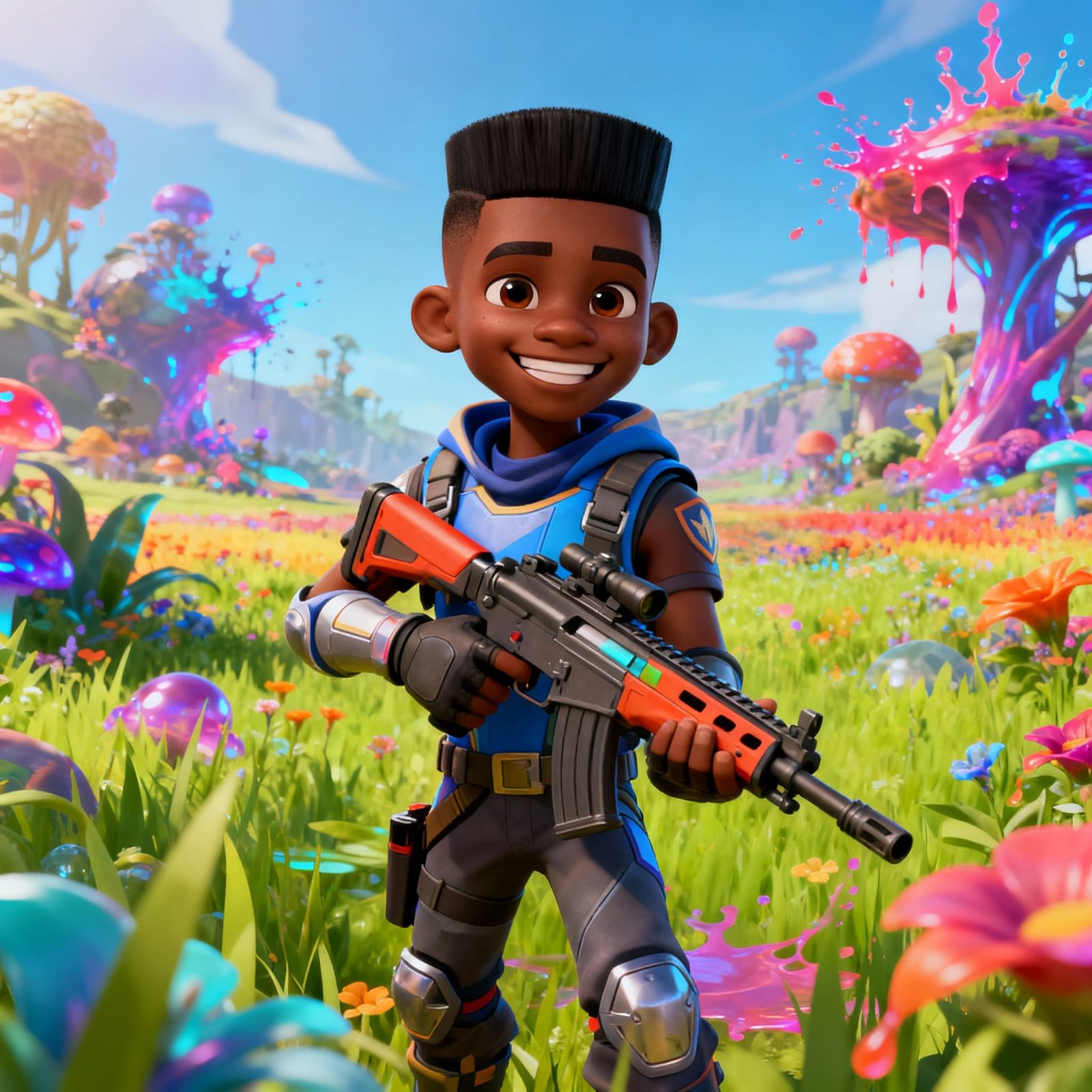 Fortnite Player Black Boy Smiling with Gun in Fantastical Fi...