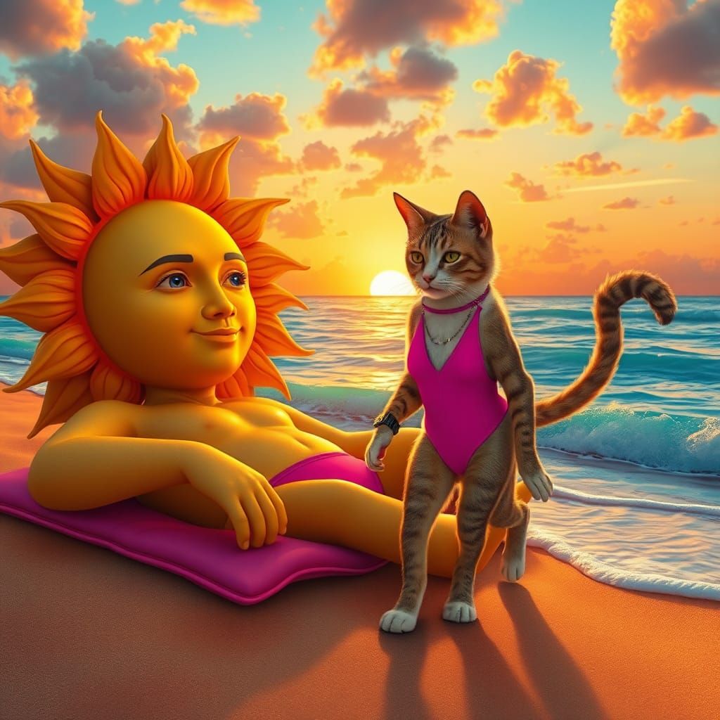 Anthropomorphic Sun and Moon Meet Cat at Sunset
