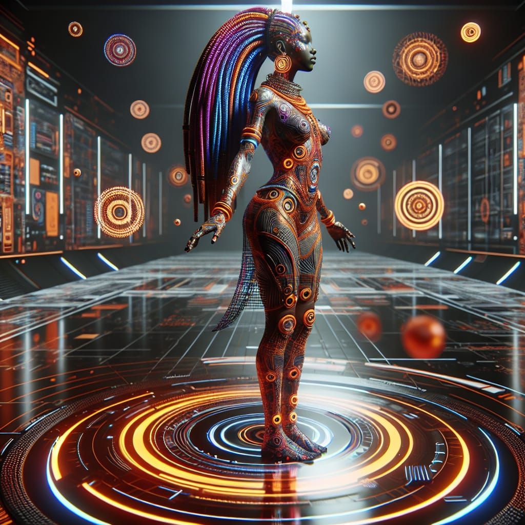 Afrofuturistic Cyborg in Orange Couture: Hyperrealistic 8k M...