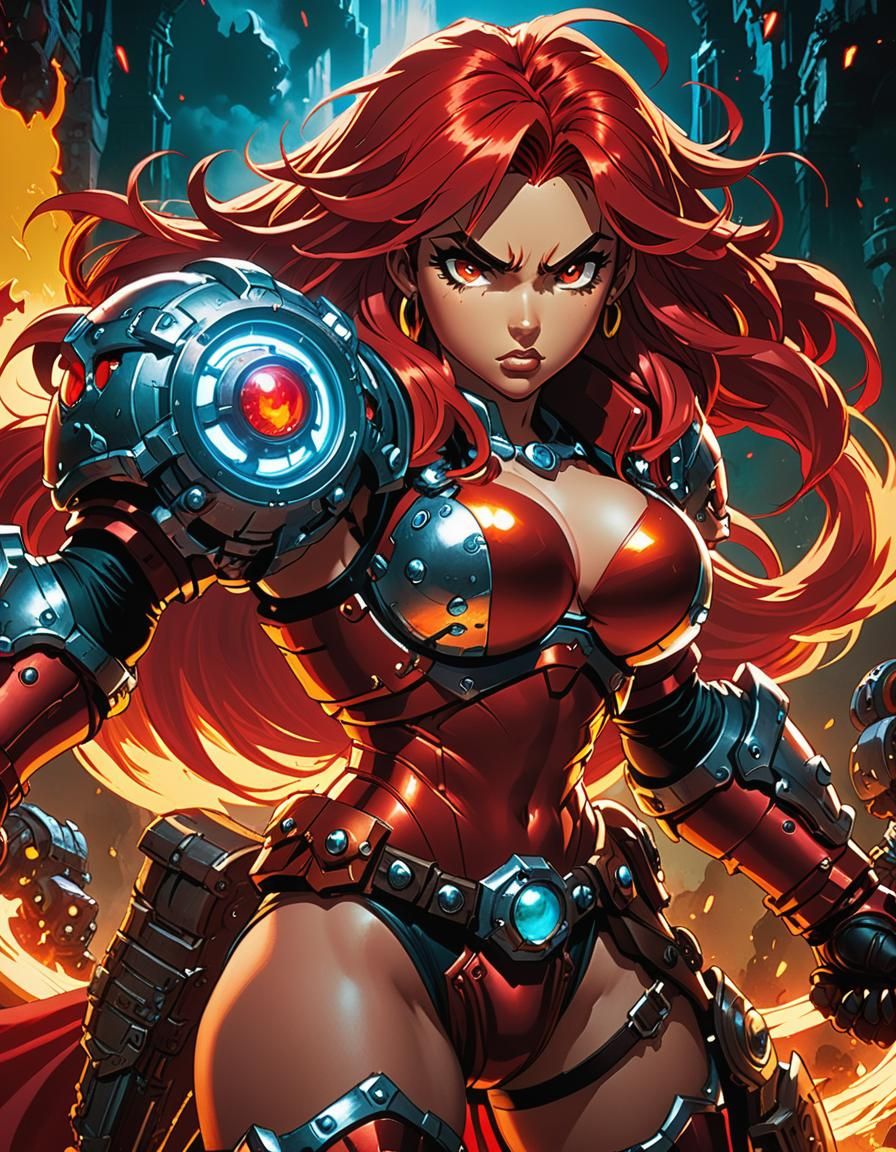 Red Monika Heroic Pose in Comic Book Style