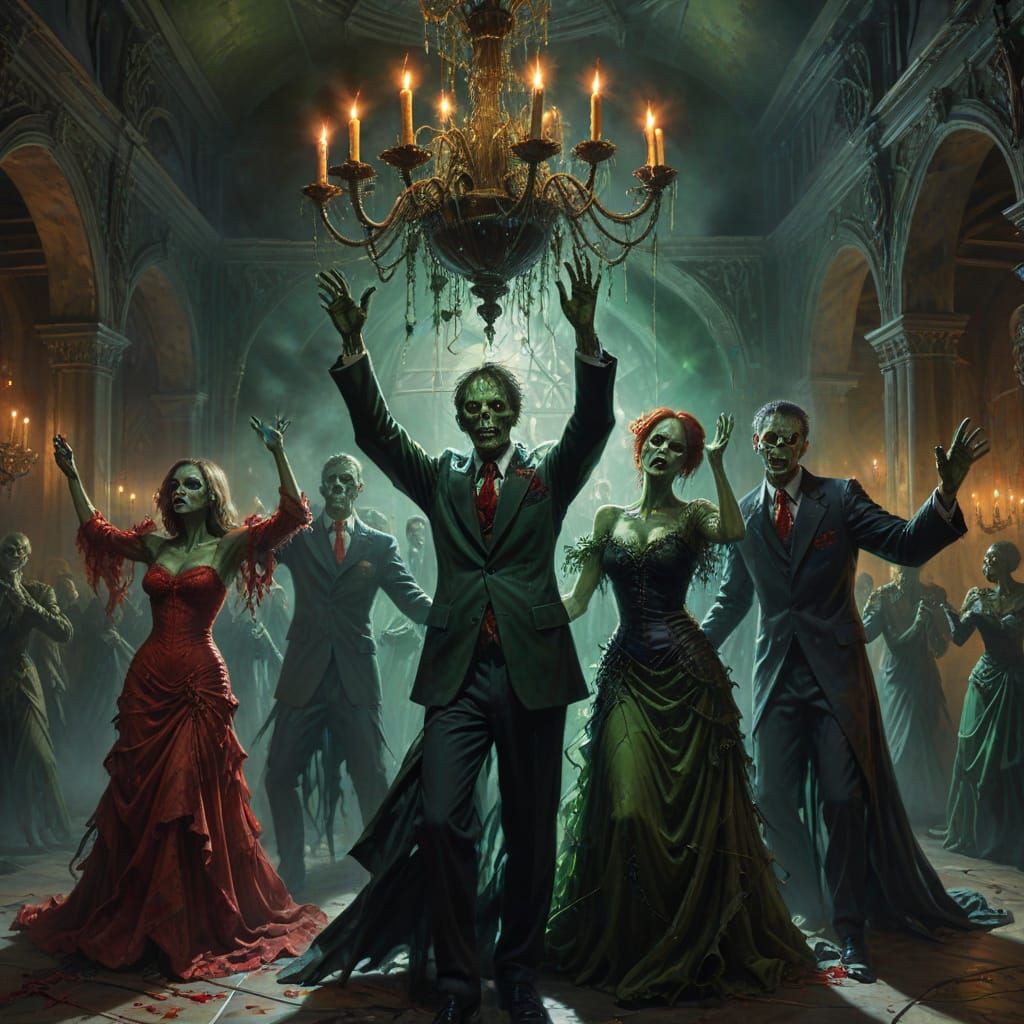 Zombies Dancing in Castle Crypt Oil Painting