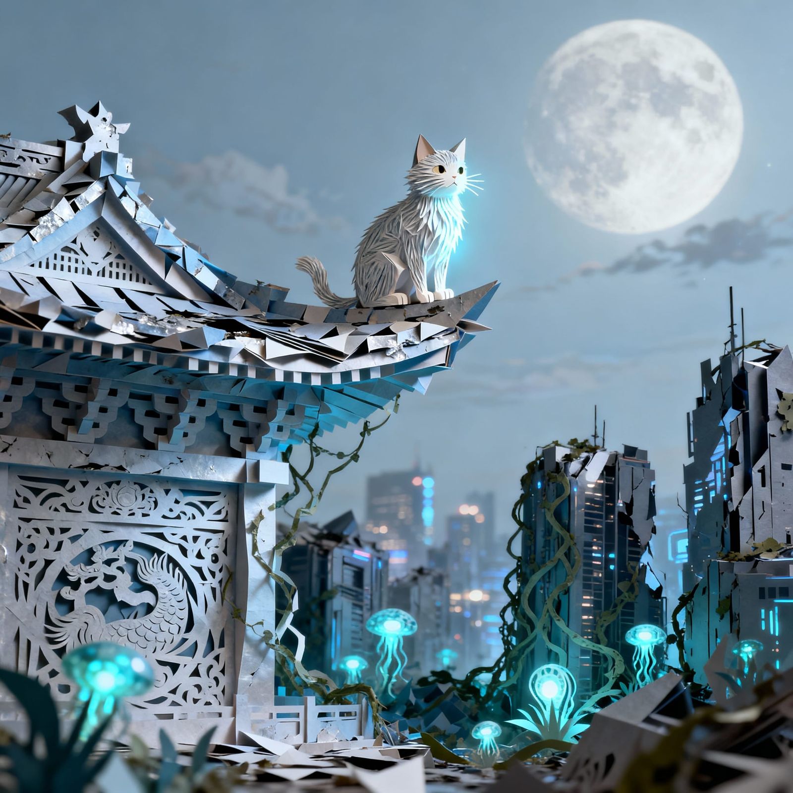 Ethereal Cat on Sky Temple Fragment Overlooking Alien Citysc...