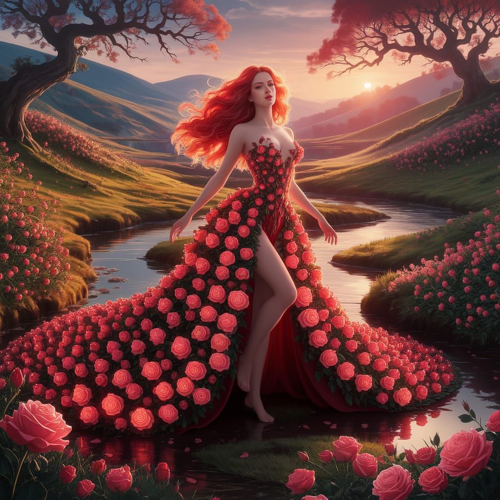 Ethereal Woman in Luminous Rose Garden, Art Nouveau Style