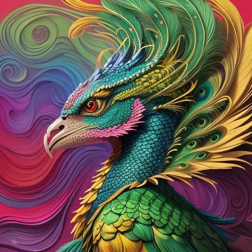 Peacock Dragon Woman Portrait in Abstract Style