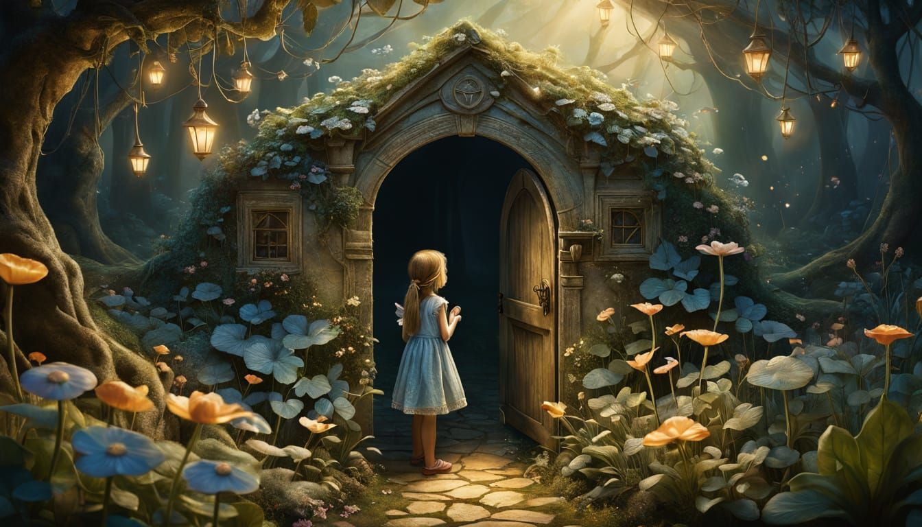 Girl Finds Secret Door in Miniature Garden