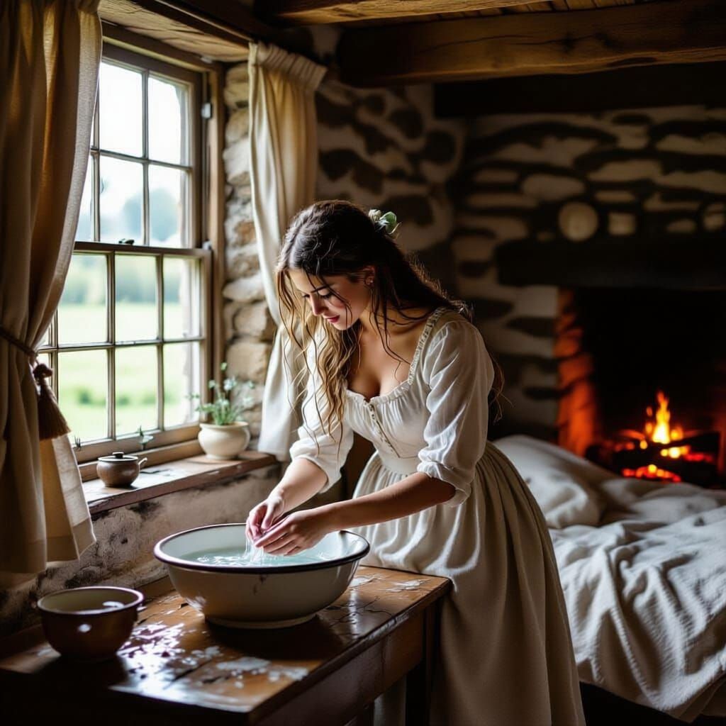 Regency Farm Girl Washes Hair in Cottage