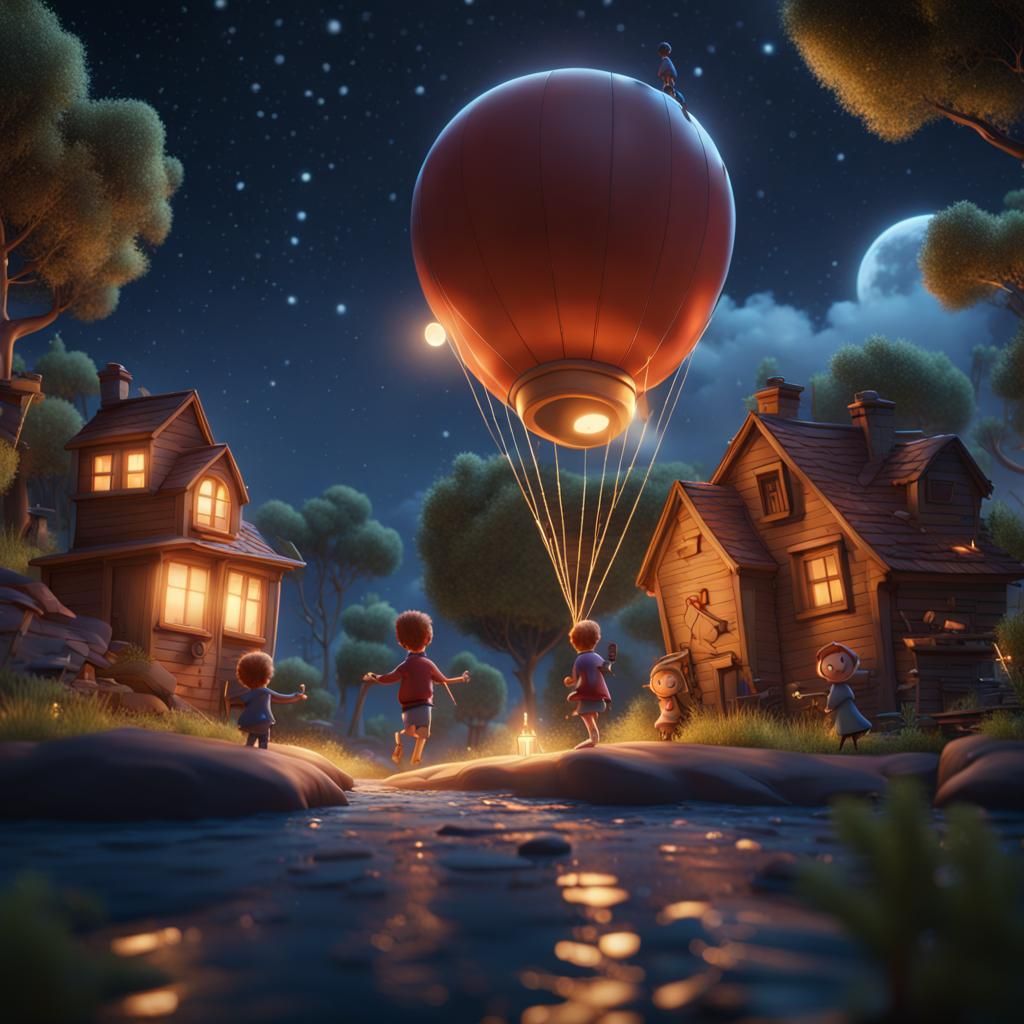 Children Playing Under Stars: 3D Pixar-Style Render