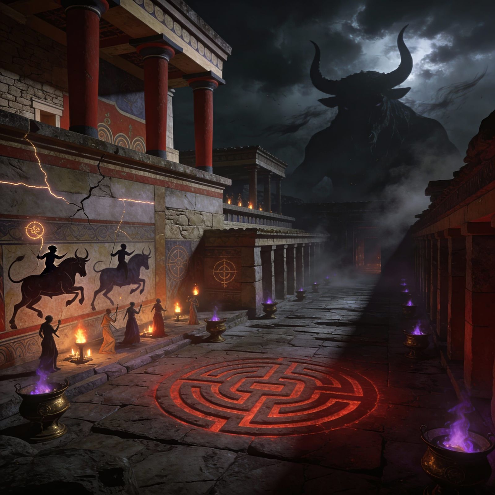 Mythic Knossos Palace Reconstruction in Stormy Atmosphere