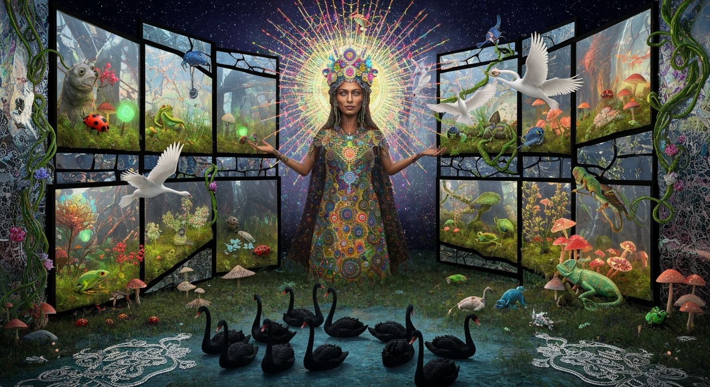 Mystical Shaman in Cracked Mirror Labyrinth of Dreamlike Rea...