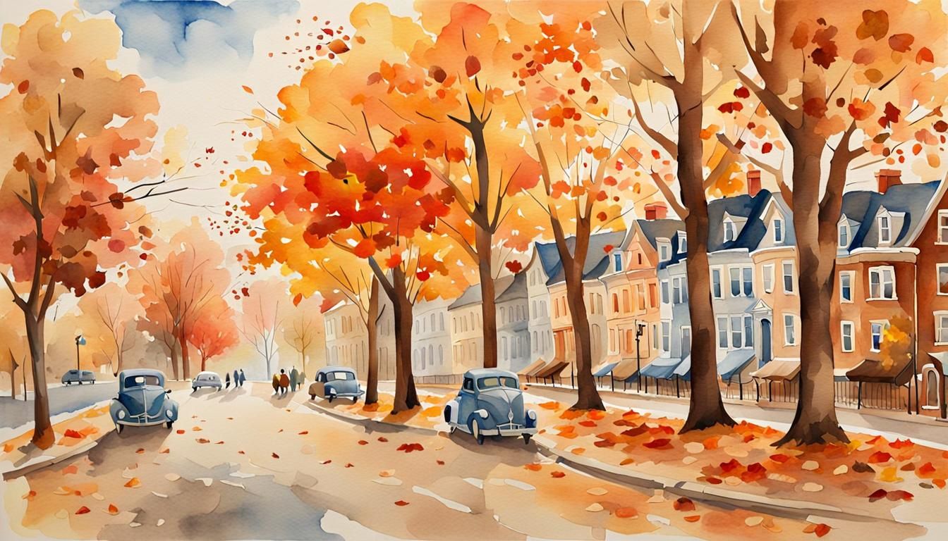 Autumn Street Scene in Watercolor Style