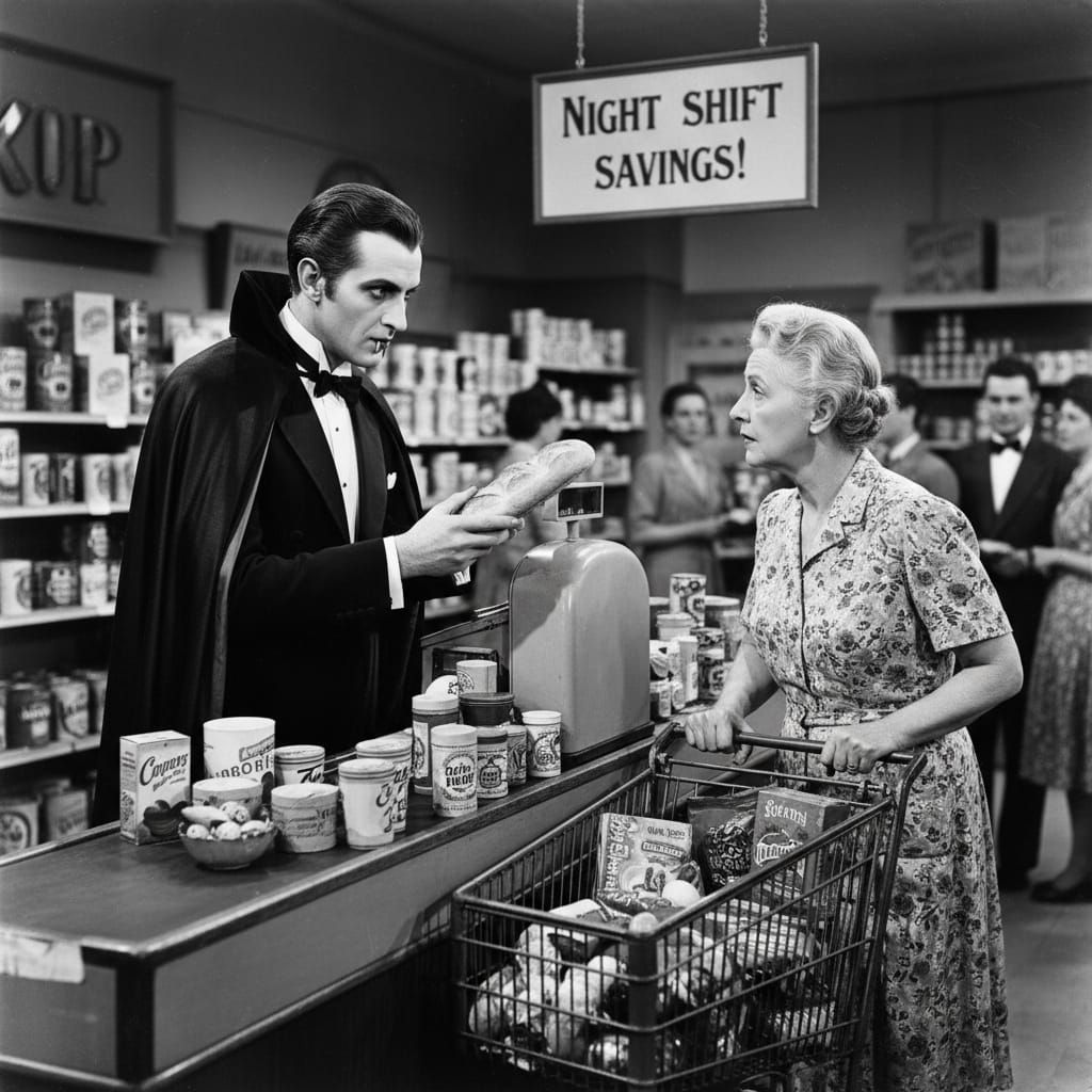 Dracula moonlighting as a grocery store checker.
