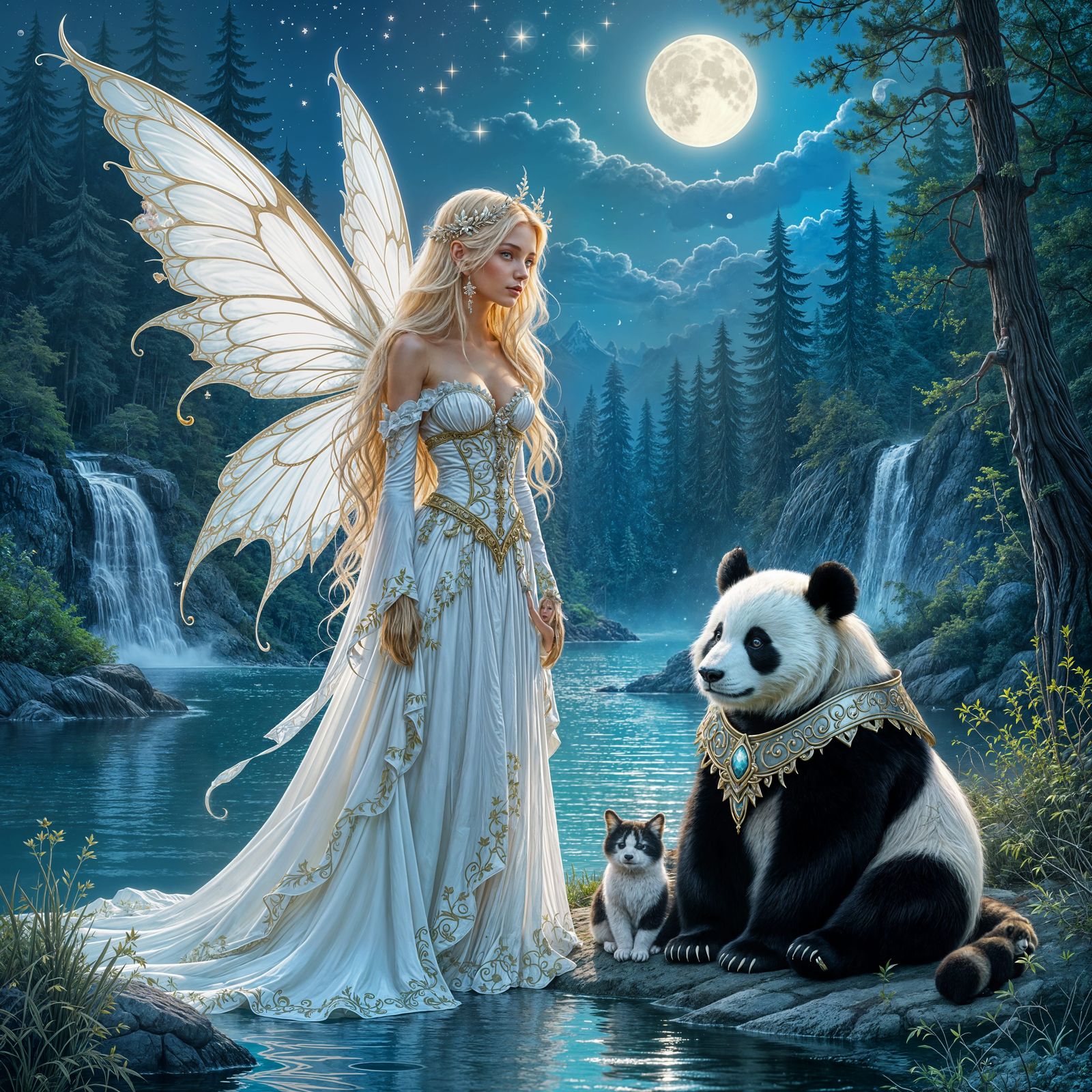 Moonlit Fairy with Panda in Enchanted Forest