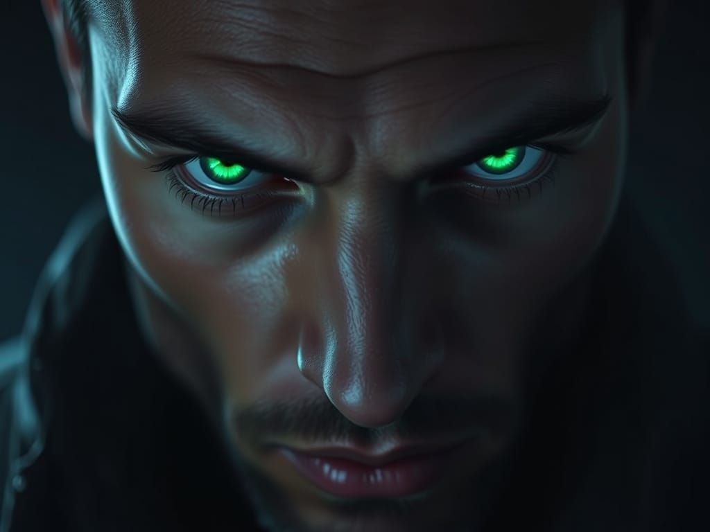 Man's Glowing Green Eyes in Neon-Lit Realism