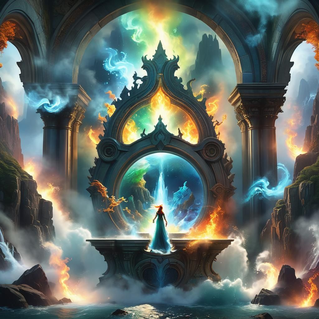 Elemental Spirits Gathered Around a Glowing Portal