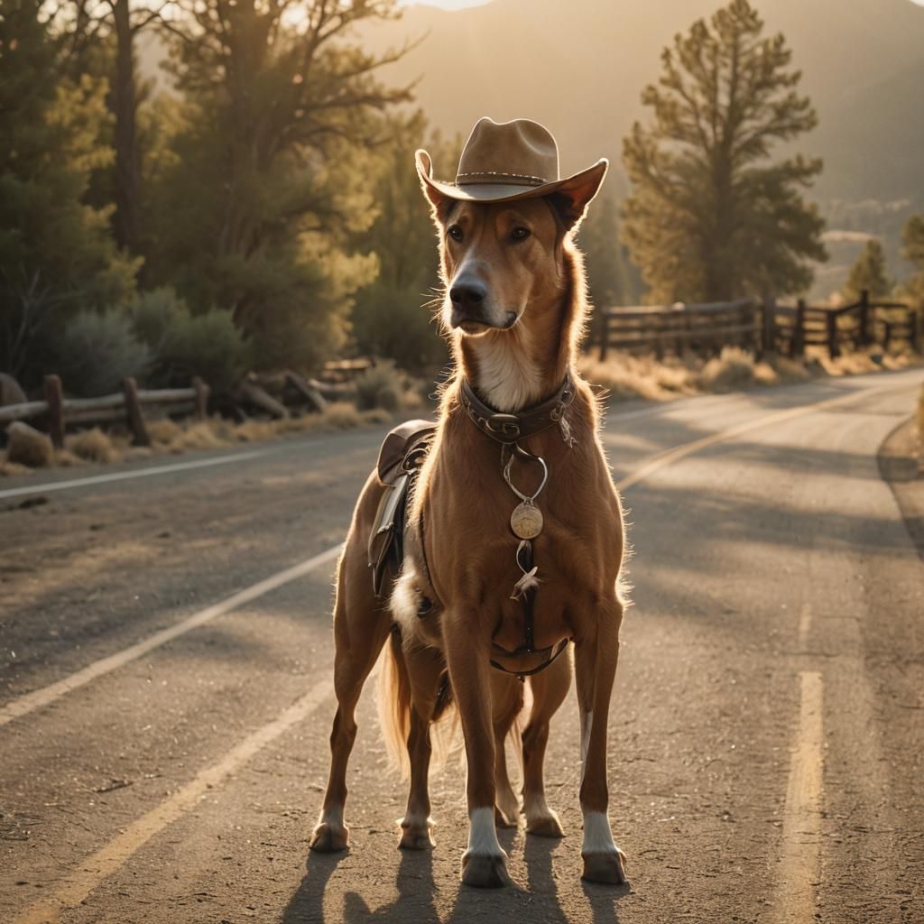 Dog Rides Horse in Cowboy Hat: Western Film Still