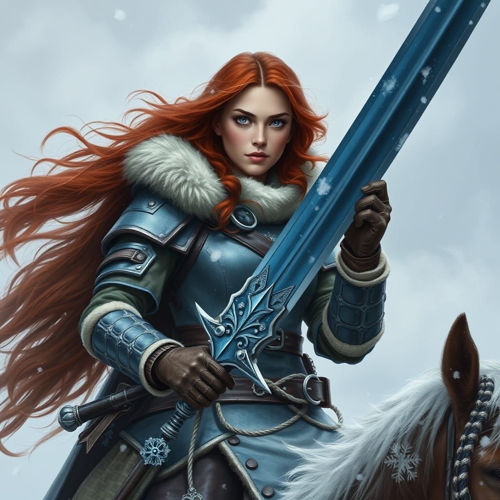 Woman Warrior on Horseback with Sword of Ice