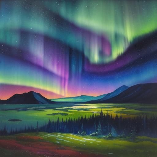 Northern Lights Landscape in Gouache Watercolor Style