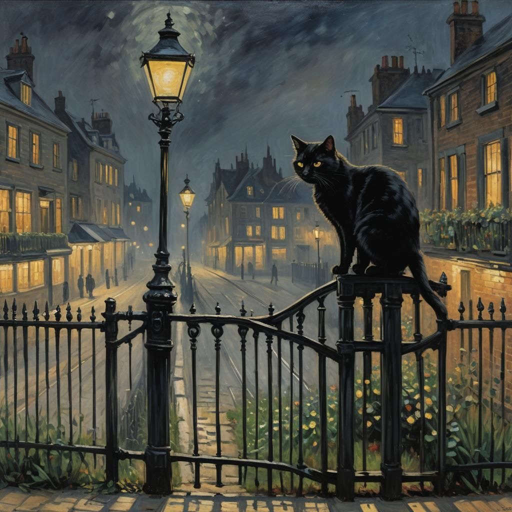 Victorian Black Cat on Fence as Oil Painting