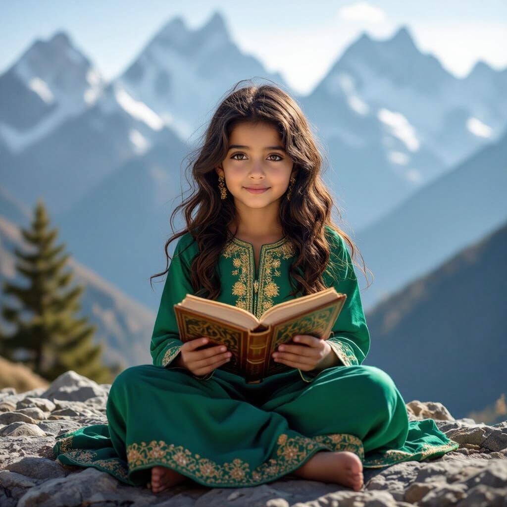 Pakistani Girl Reading in Himalayas, Photorealistic Style