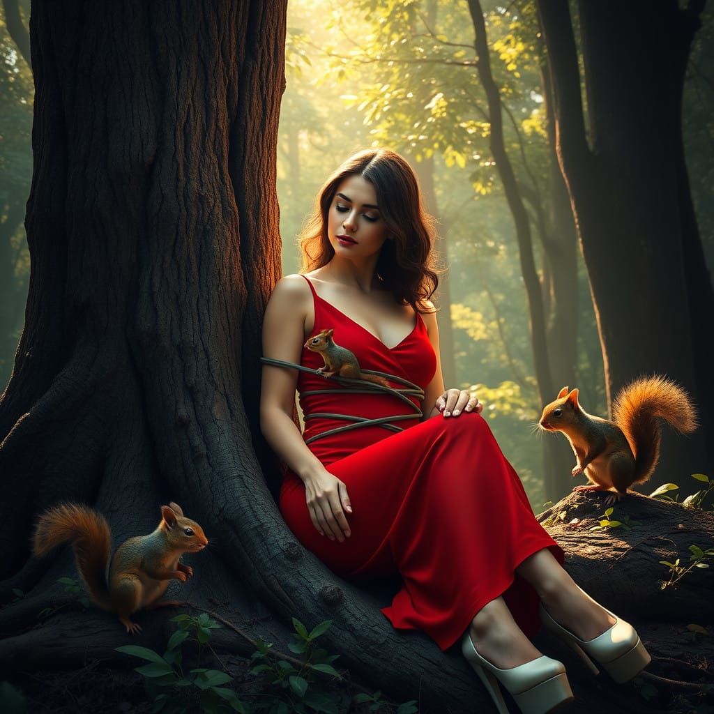 Ethereal Forest Goddess Bound by Squirrels in Vibrant Red Dr...