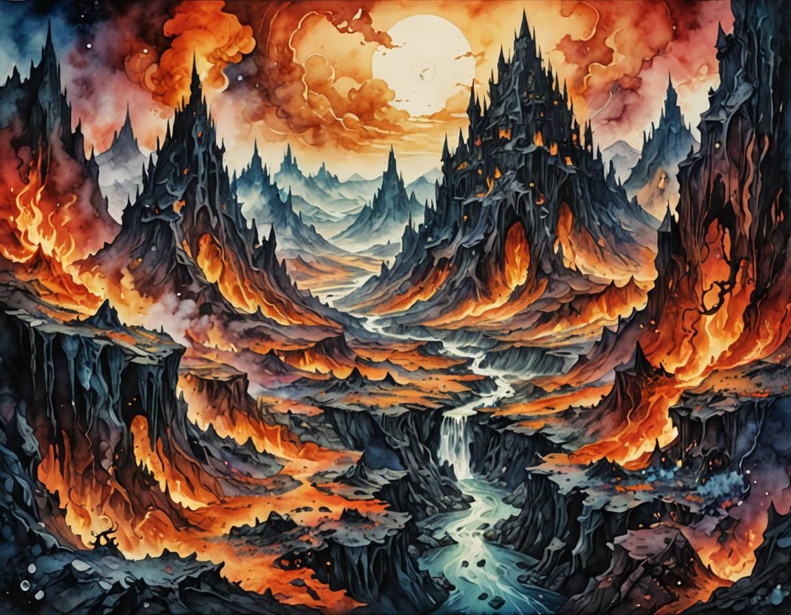 Mystical Hell Landscape in Watercolor Style