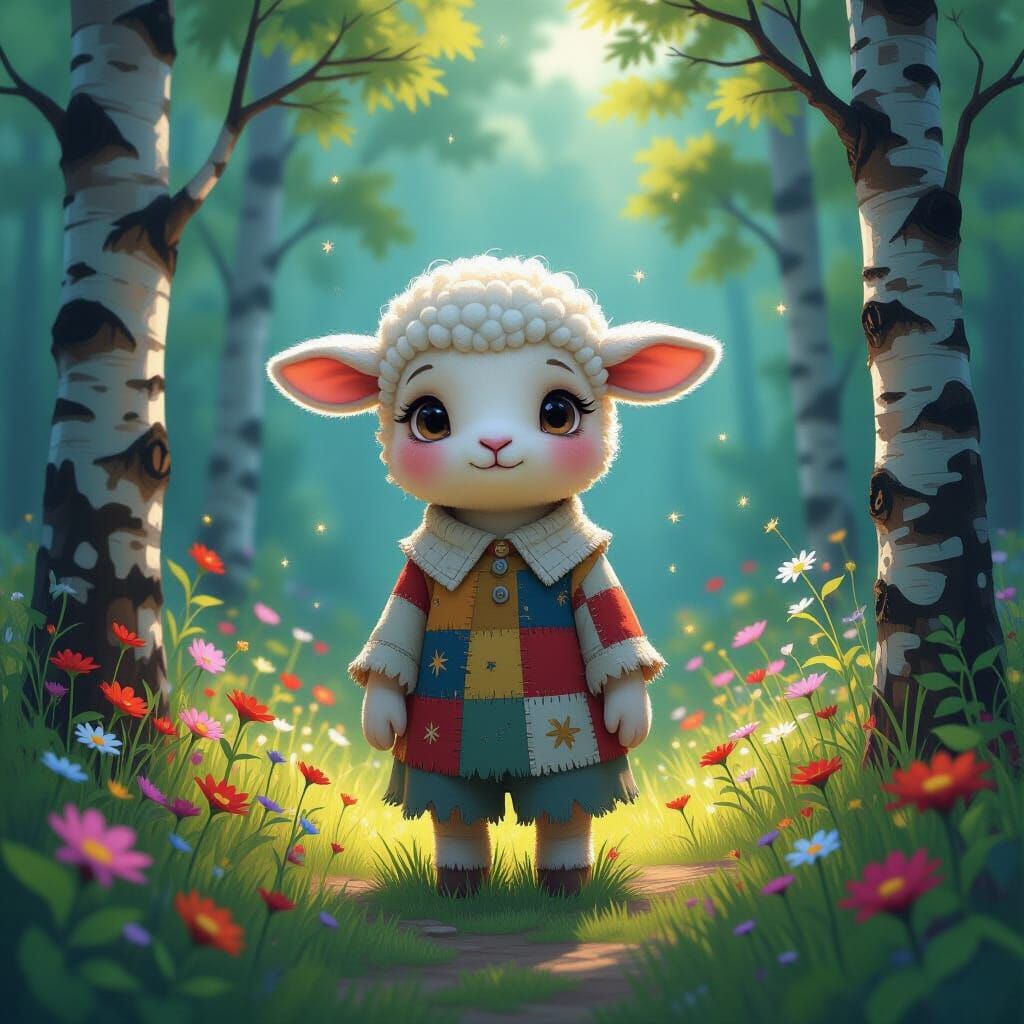 Timid Lamb in Surrealist Forest, Aquarelle Art