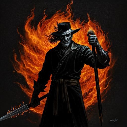 Man with Flaming Pitchfork at Night