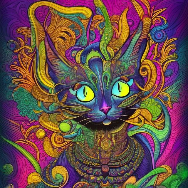 Psychedelic Neon Cat Vector Art Illustration