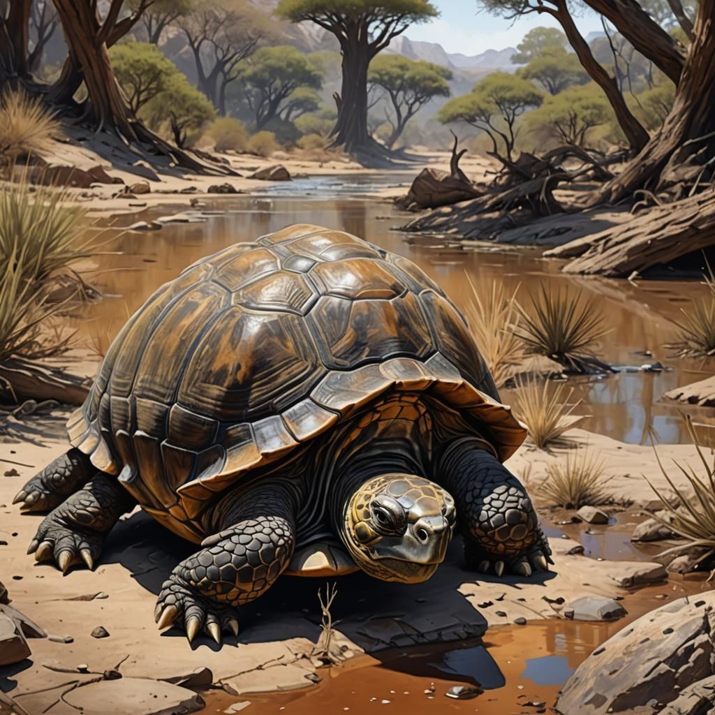 Tortoise Longing for Water in Dry Savannah