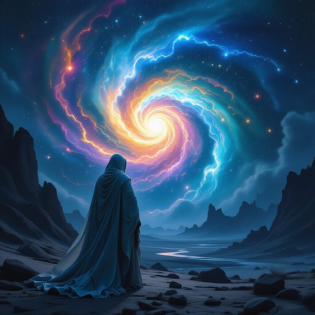 Ethereal Figure Before Bioluminescent Galaxy in Baroque Styl...