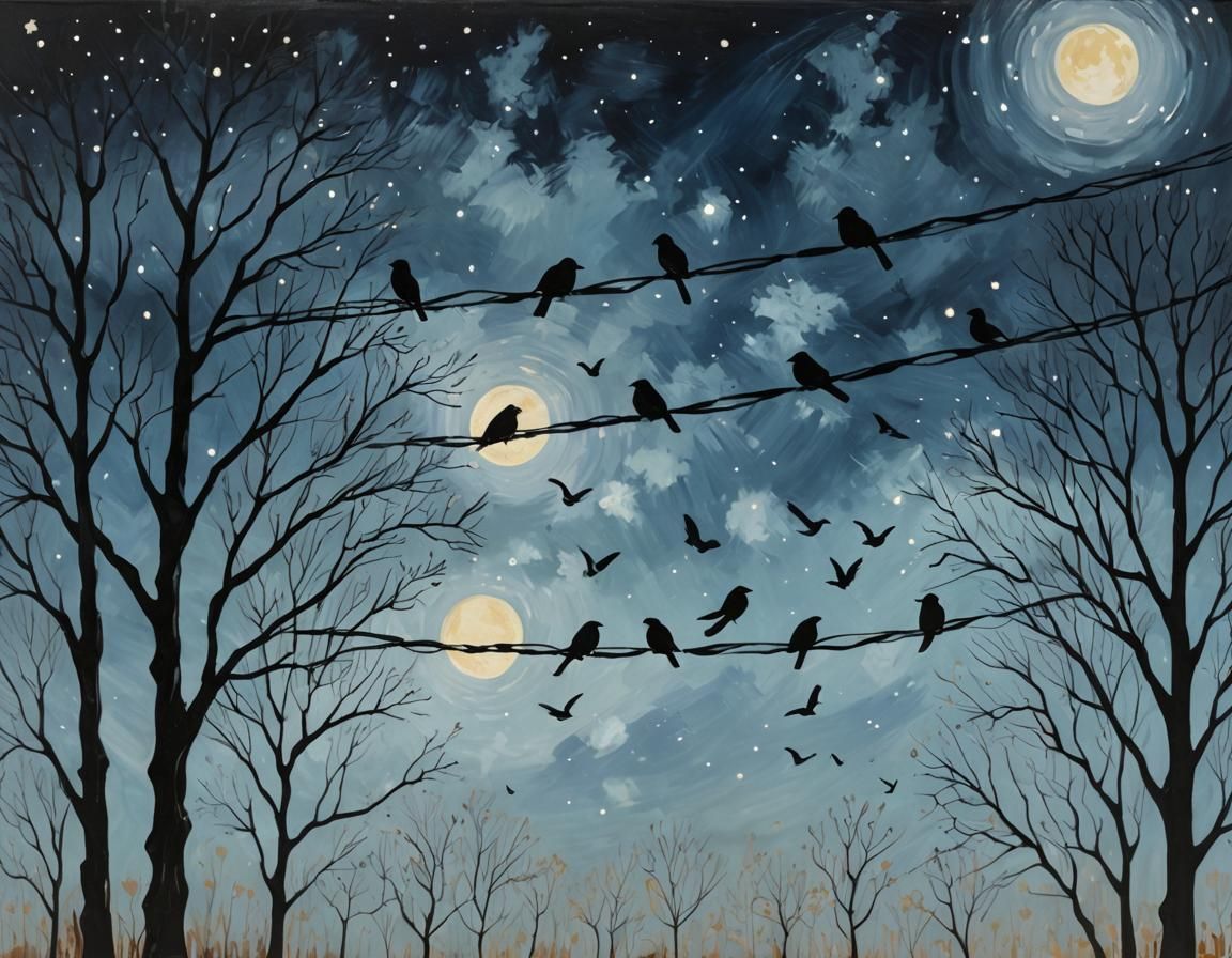 Tachisme Birds on Wire Under Moonlight