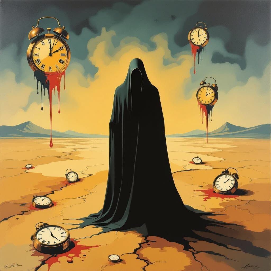 Surreal Desolate Landscape with Melting Clocks as Oil Painti...
