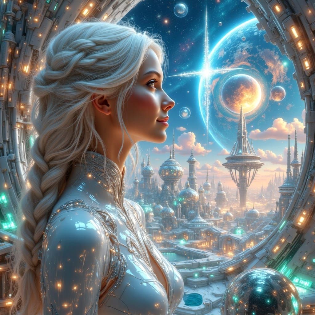 Galactic Woman in Futuristic Cityscape, Photorealistic Art