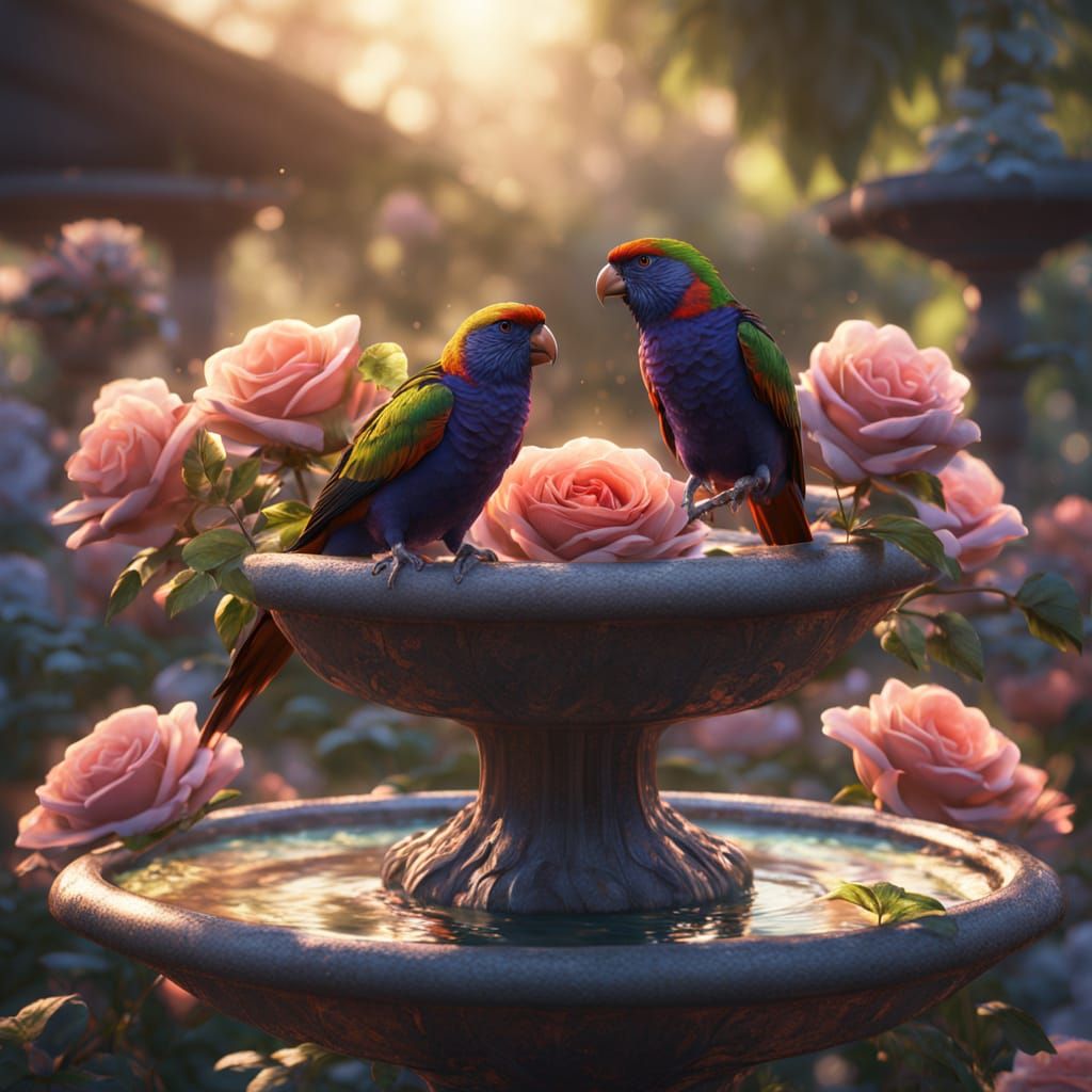 Ethereal Lorikeets in a Golden Hour Rose Garden