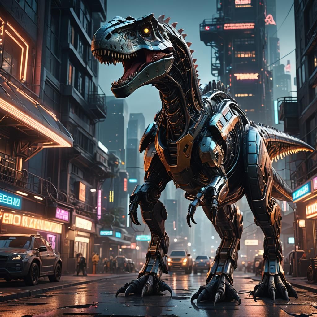 Mech Dinosaur in Cyberpunk Cityscape