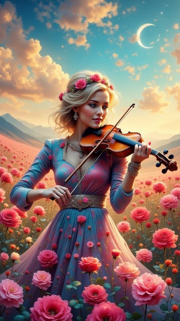 Cellist Plays Among Roses Under Starry Sky