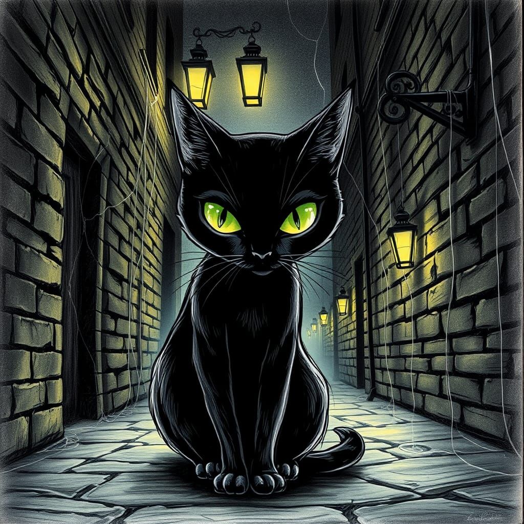 Mysterious Black Cat in Dim Alley, Pencil Art