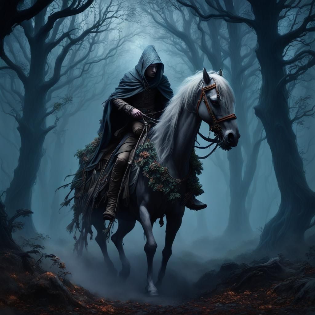 Fantasy Rider on Horseback Through Dark Forest