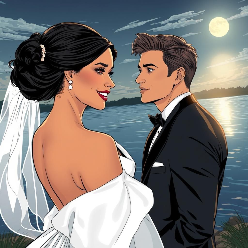 Bridal Couple in Moonlight, Comic Book Art Style
