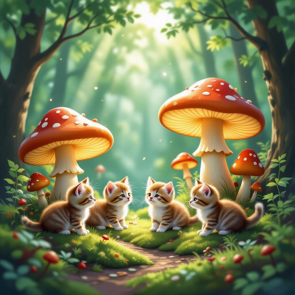 Kittens Play Among Glowing Mushrooms in Enchanted Forest Cle...