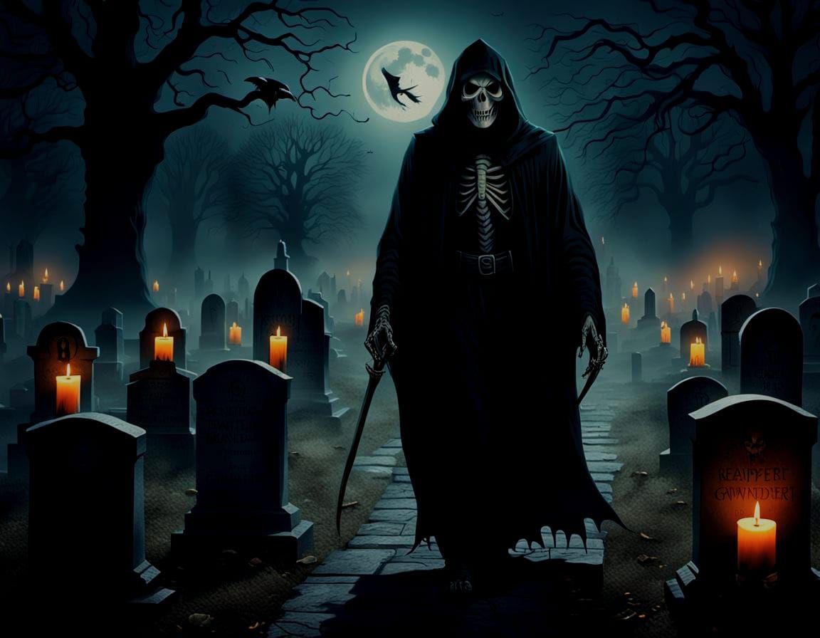 Sinister Grim Reaper Graveyard Scene in Dark Fantasy Style