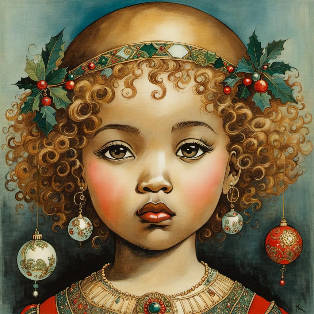 Toddler with Ornaments in Vintage Illustration Style