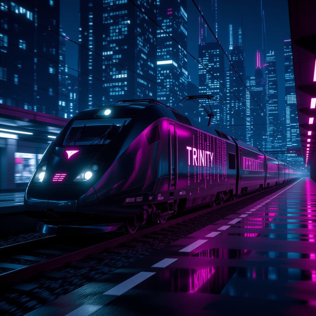Matrix Train Speeds Through Futuristic Cityscape