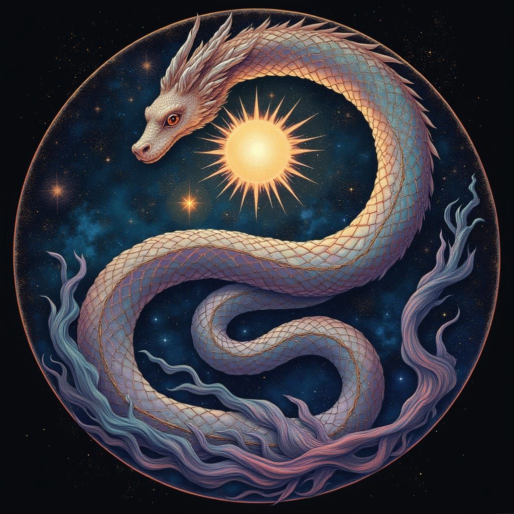 Celestial Serpent Coiled Around Dying Star in Art Nouveau